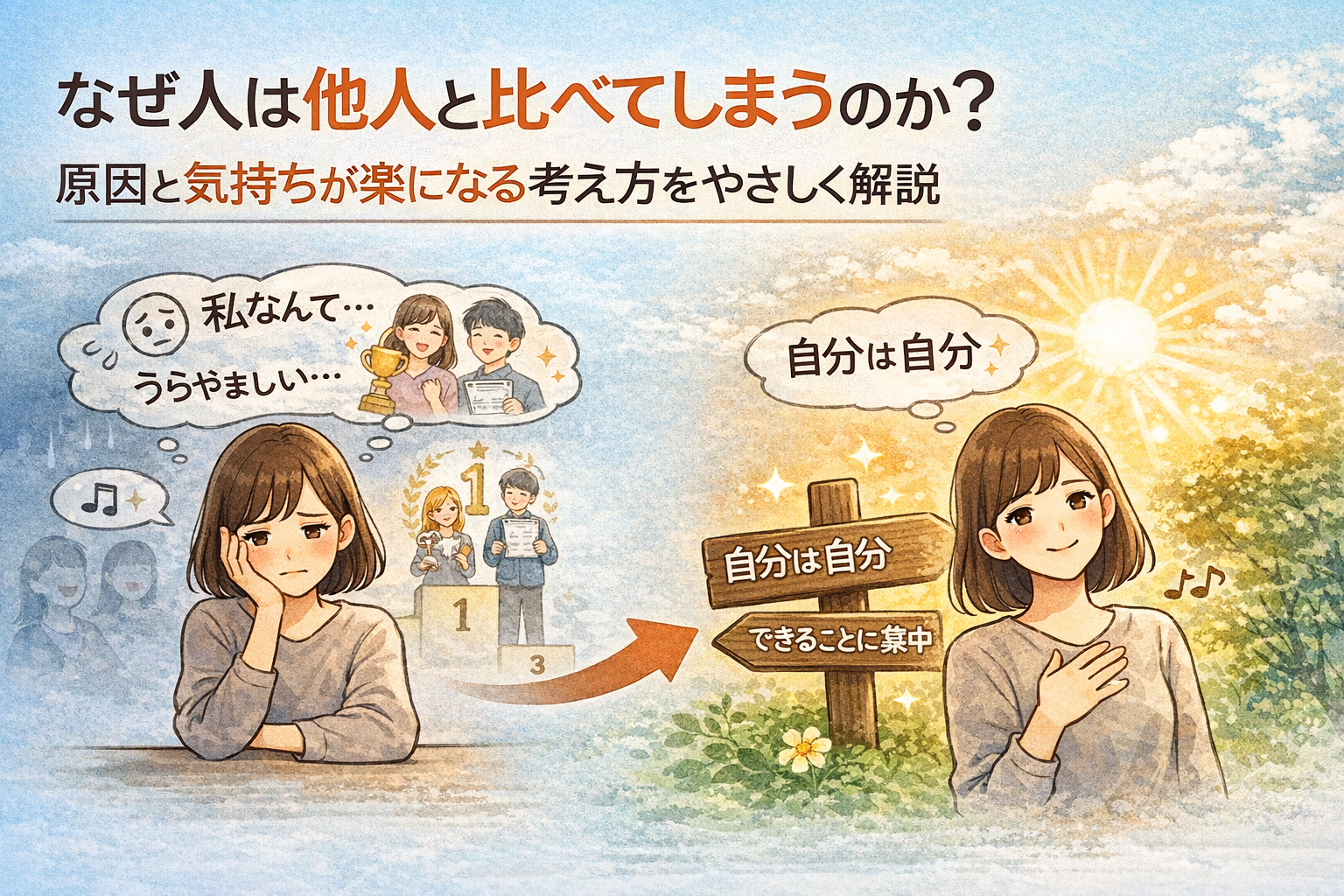 なぜ人は他人と比べてしまうのか？原因と気持ちが楽になる考え方をやさしく解説